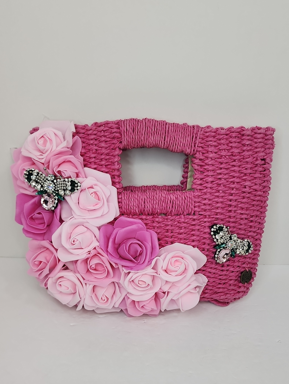 Billabong Pink Straw Tote Bag Handcrafted Floral Bee Butterfly Purse